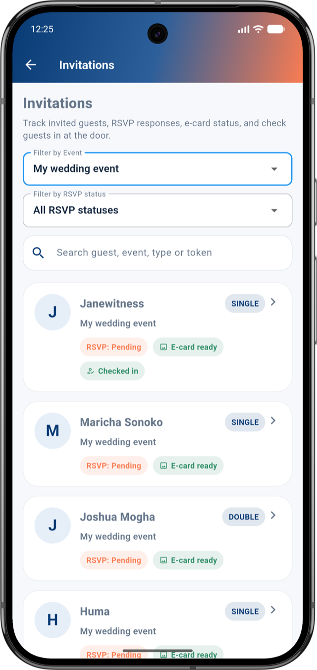 Mwaliko app invitations screen