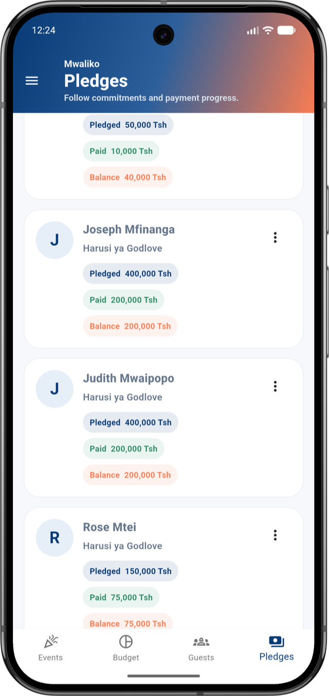 Mwaliko app pledges screen
